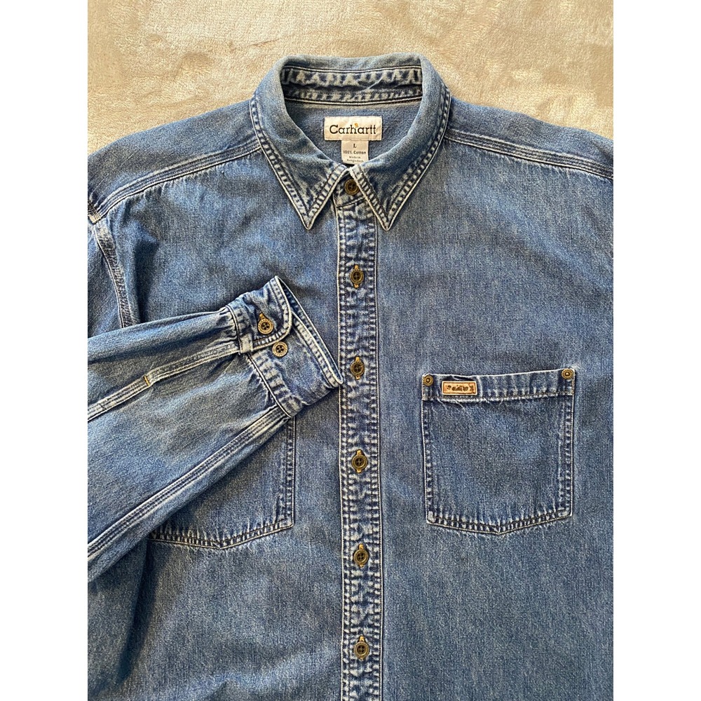 Carhartt Denim Shirt Sz L Blue Cotton Metal Buttons Workwear Rugged Western